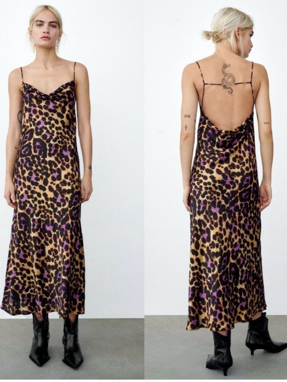 Zara Leopard Print Satin Maxi Dress in Brown and Purple